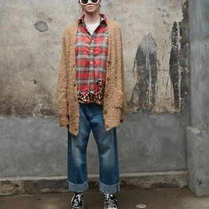 R13 Teddy Bear Cardigan Long Brown Oatmeal Fuzzy Button Down Long Sleeve Wool